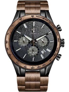 Men's Brown Grey Stainless Steel Chronograph Quartz Multifunctional Wooden Watch